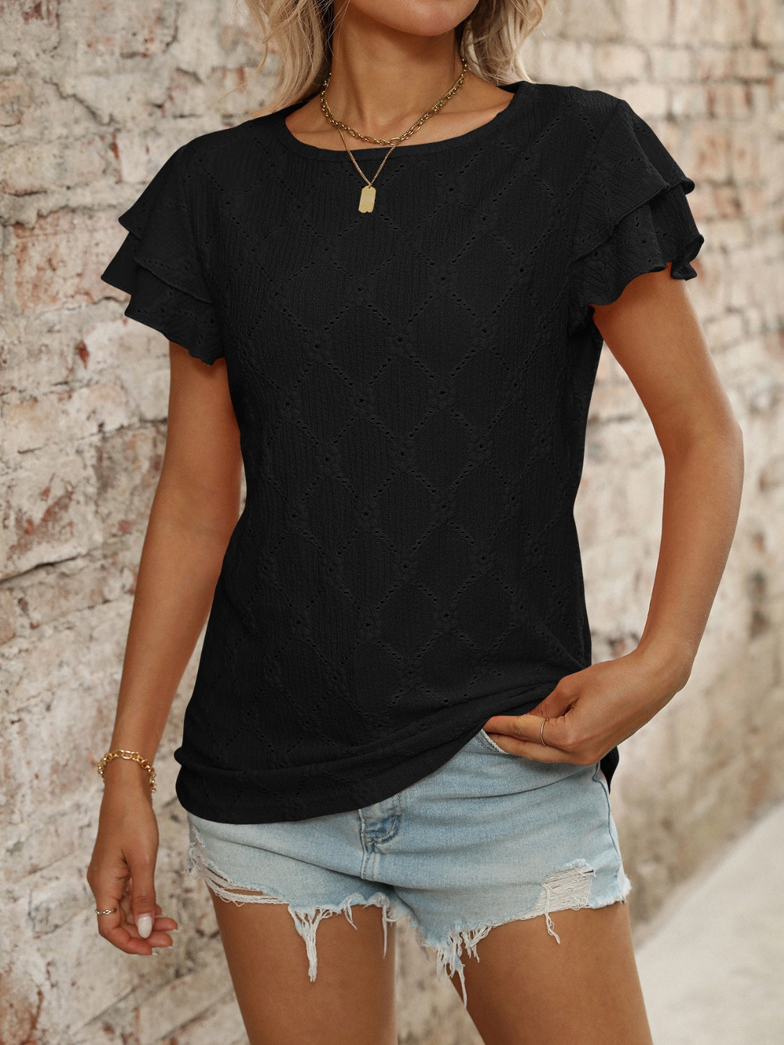 Eyelet Round Neck Double Layered Ruffled Short Sleeve Top