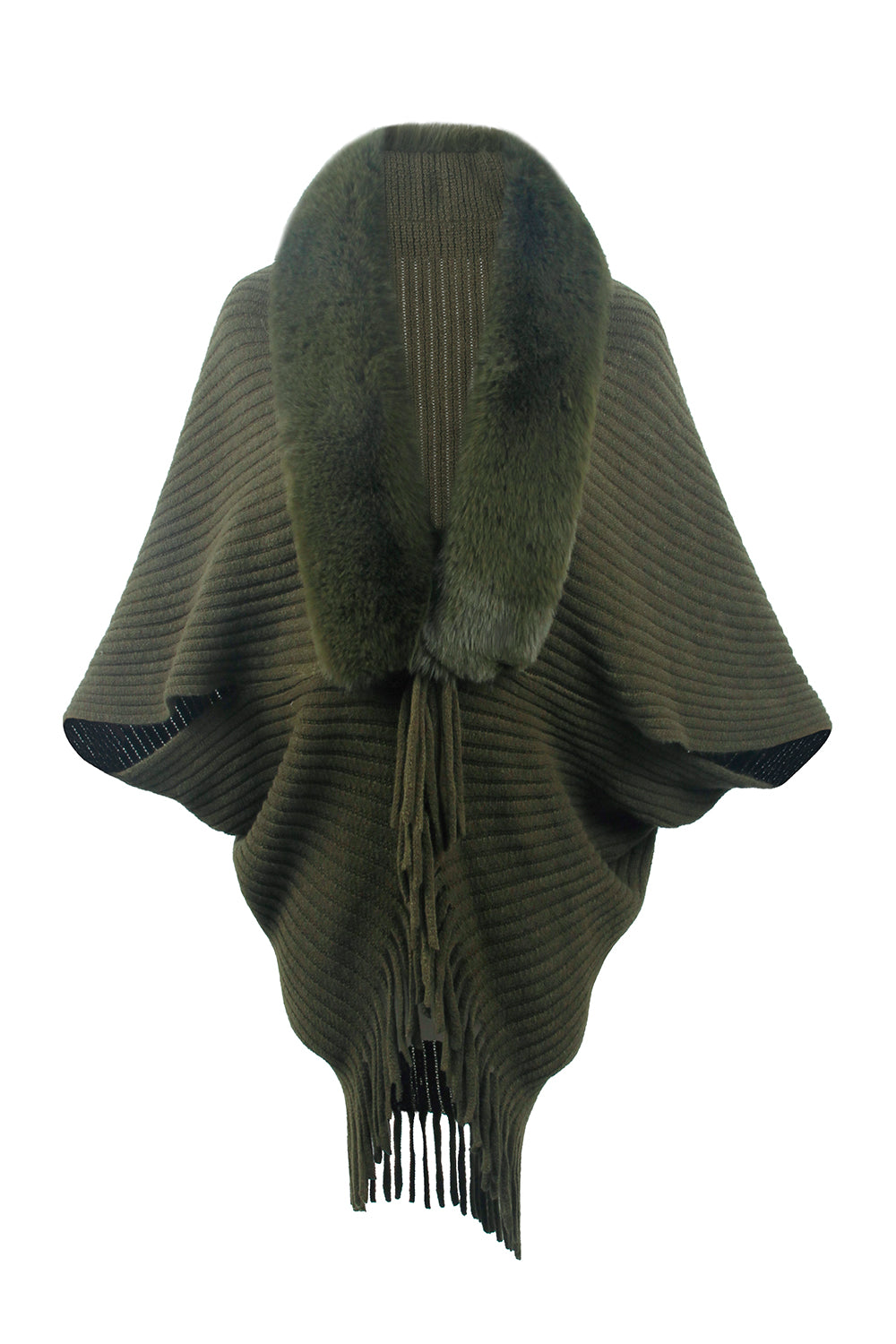 Fringe Detail Long Sleeve Ribbed Poncho - felvior