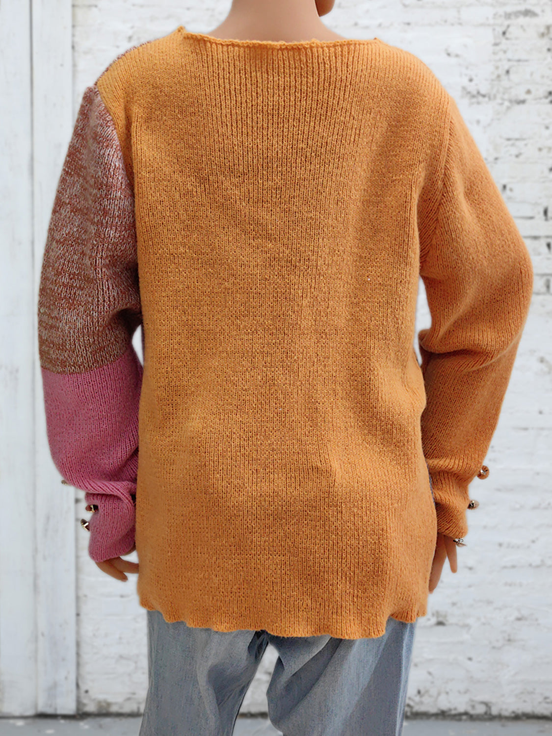 Color Block Decorative Button Long Sleeve Sweater - felvior