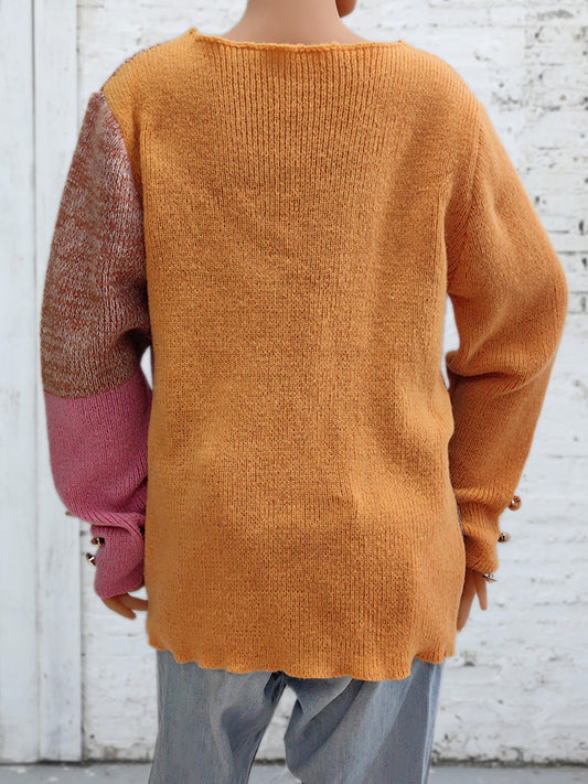 Color Block Decorative Button Long Sleeve Sweater - felvior