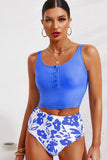 Half Snap Square Neck Tankini Set - felvior