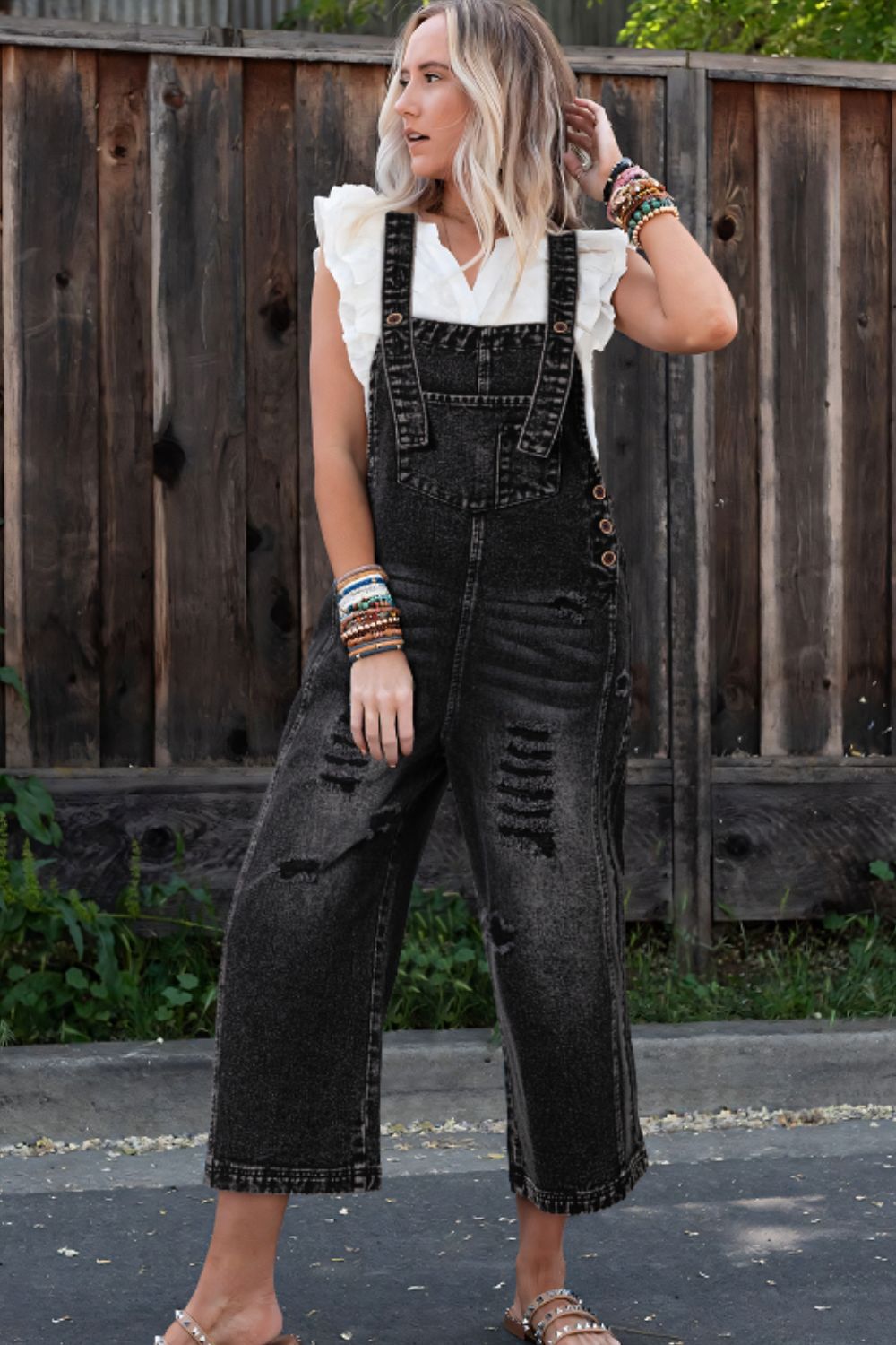 Distressed Wide Strap Denim Overalls - felvior