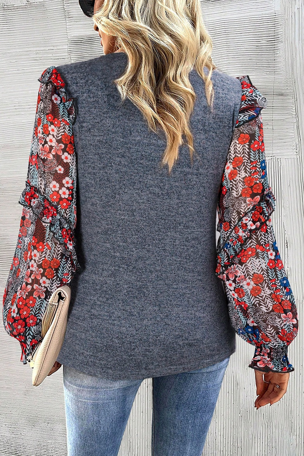 Heathered Floral Frill Lantern Sleeve Blouse - felvior