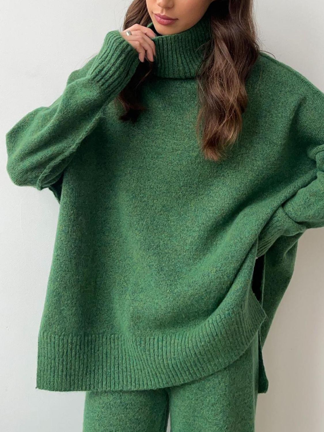 Slit Turtleneck Long Sleeve Top and Pants Sweater Set - felvior