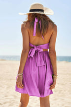 Davi & Dani Smocking Halter Neck Tie Open Back Mini Dress