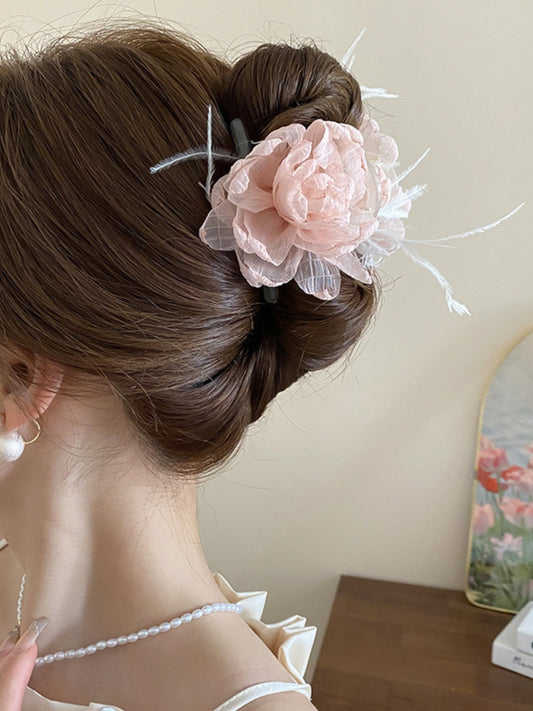 Feather Trim Flower Shape Hair Claw Clip - felvior