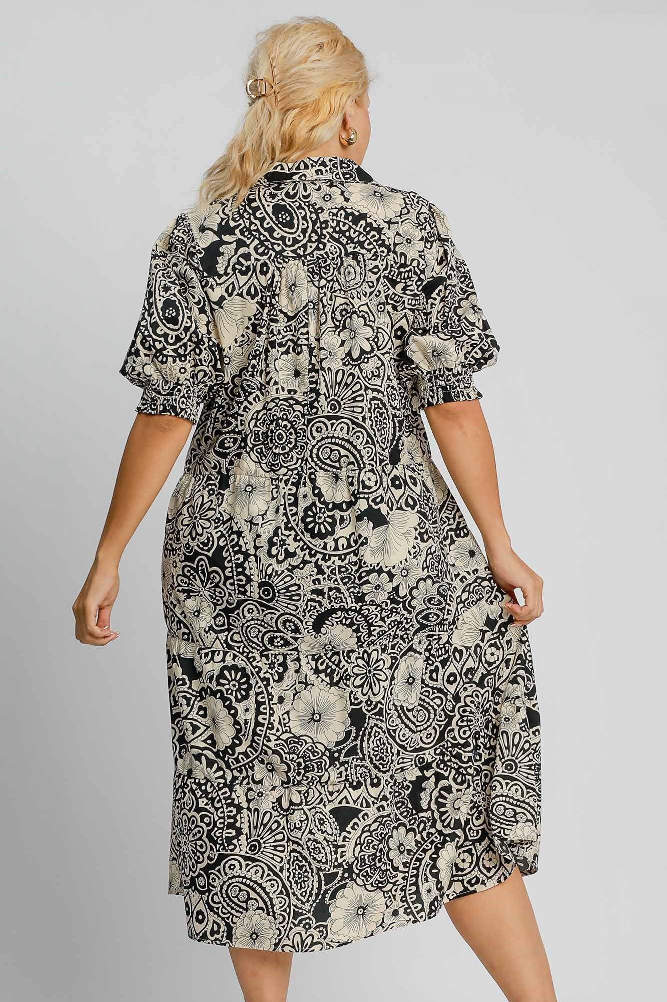 Umgee Full Size Printed Smocked Cuff Puff Sleeve Midi Dress Plus Size - felvior