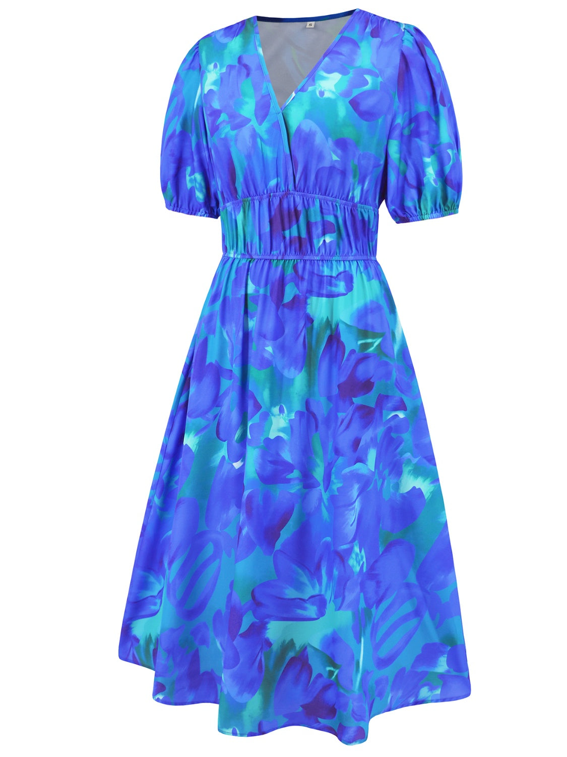 Ruched Printed Surplice Short Sleeve Dress - felvior
