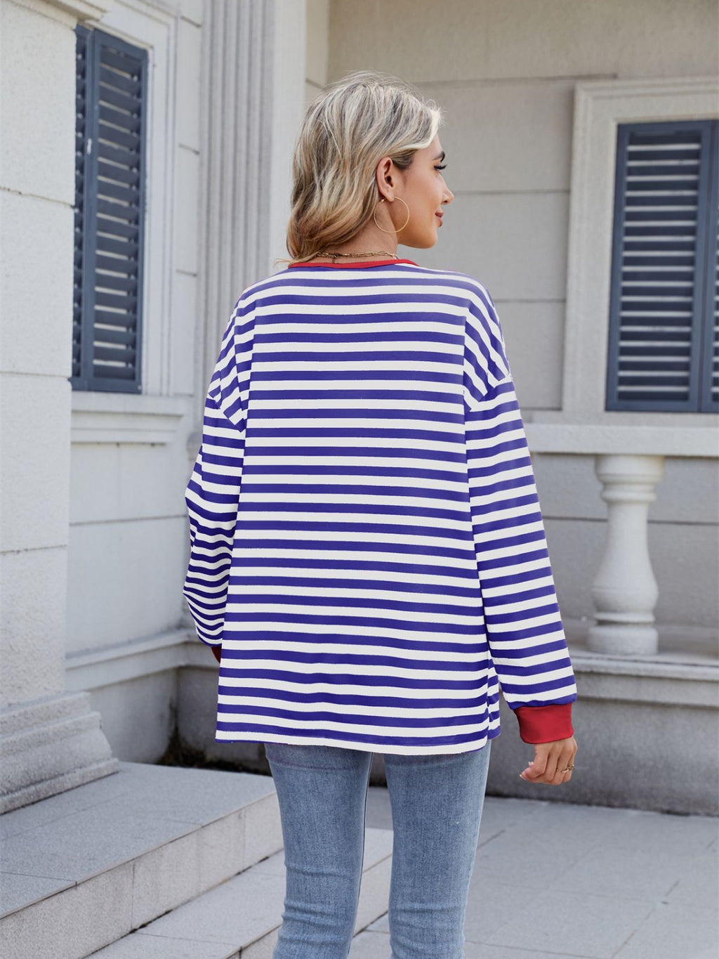 Lace-Up Striped Long Sleeve T-Shirt