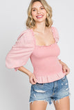 GeeGee Full Size Ruffled Smocked Frill Square Neck Top Plus Size