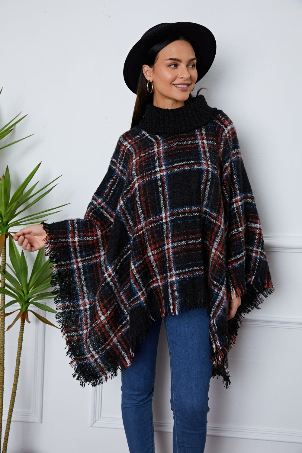 Shiny Turtleneck Plaid Raw Hem Sweater - felvior