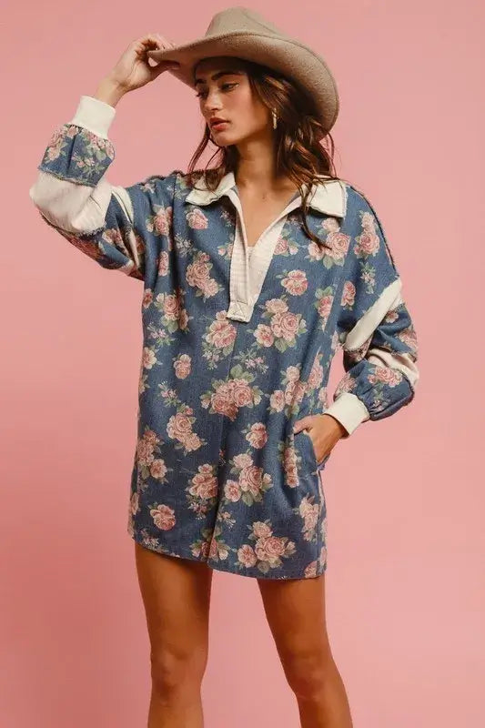 BiBi Washed Floral Denim Romper With Contrast Collar