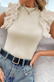 Ruffle Flutter Sleeve Mock Neck Ribbed Top - felvior