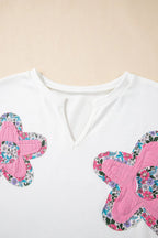 Floral Applique Notched Dolman Sleeve Top