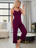 V-Neck Lace Trim Slit Cami and Pants Pajama Set - felvior