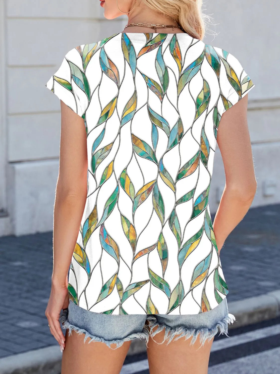 Printed Round Neck Cap Sleeve Top