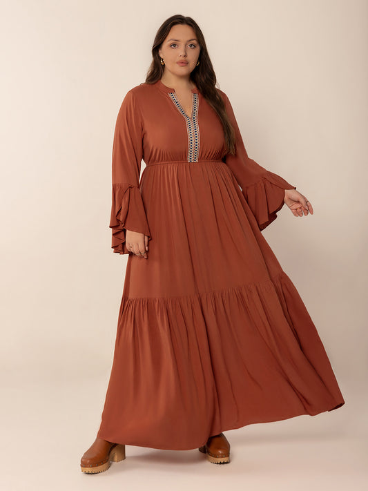 Plus Size Ruffled Notched Long Sleeve Midi Dress - felvior