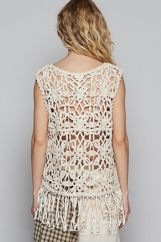 POL Fringe Round Neck Sleeveless Crochet Knit Cover Up - felvior