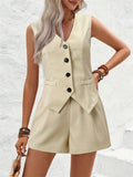 V-Neck Button Down Vest and Shorts Set - felvior