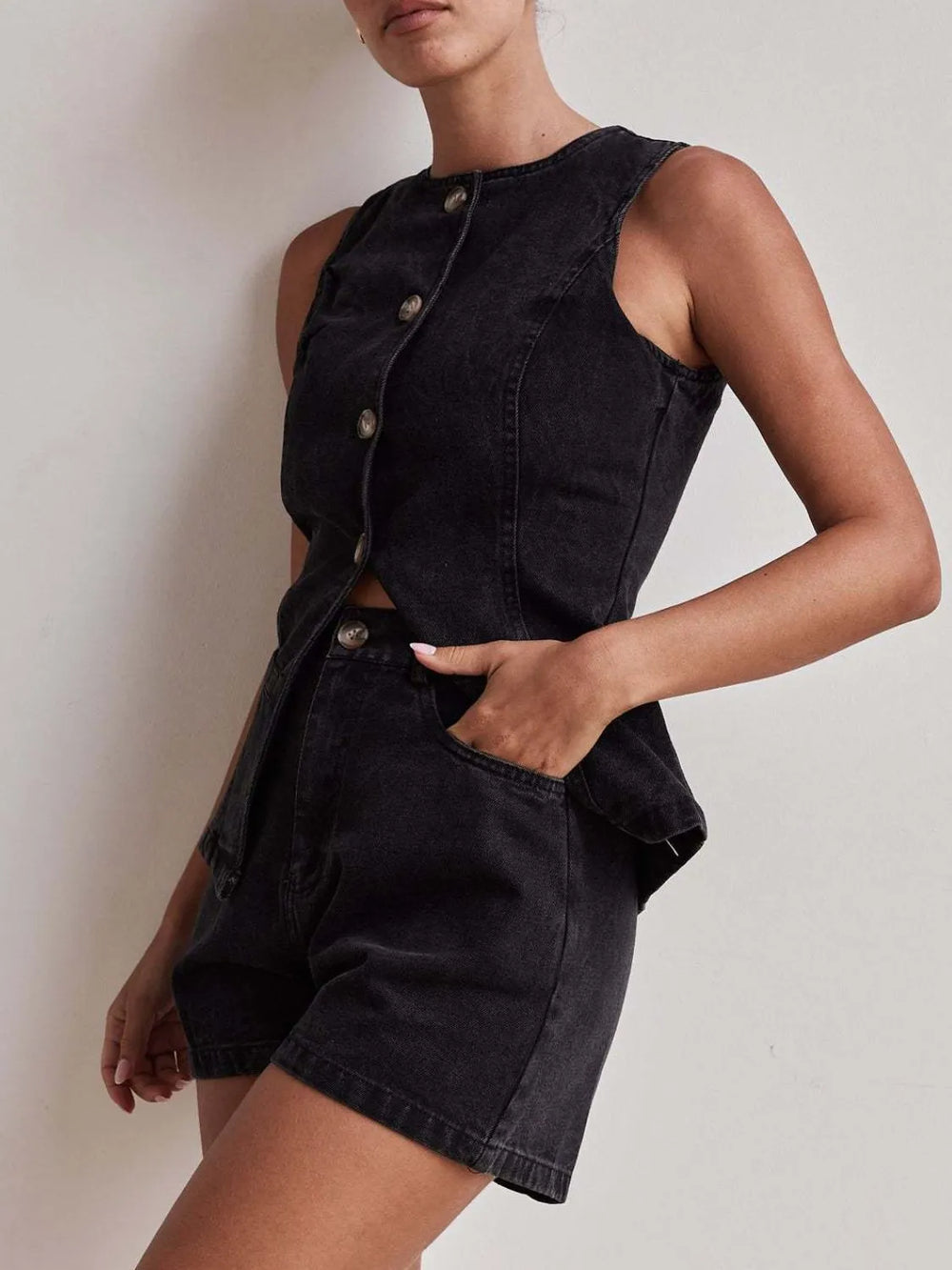 Button Down Vest and Shorts Denim Set