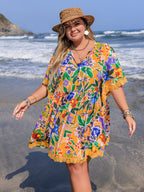 Plus Size Lace Detail Printed Tie Neck Half Sleeve Dress