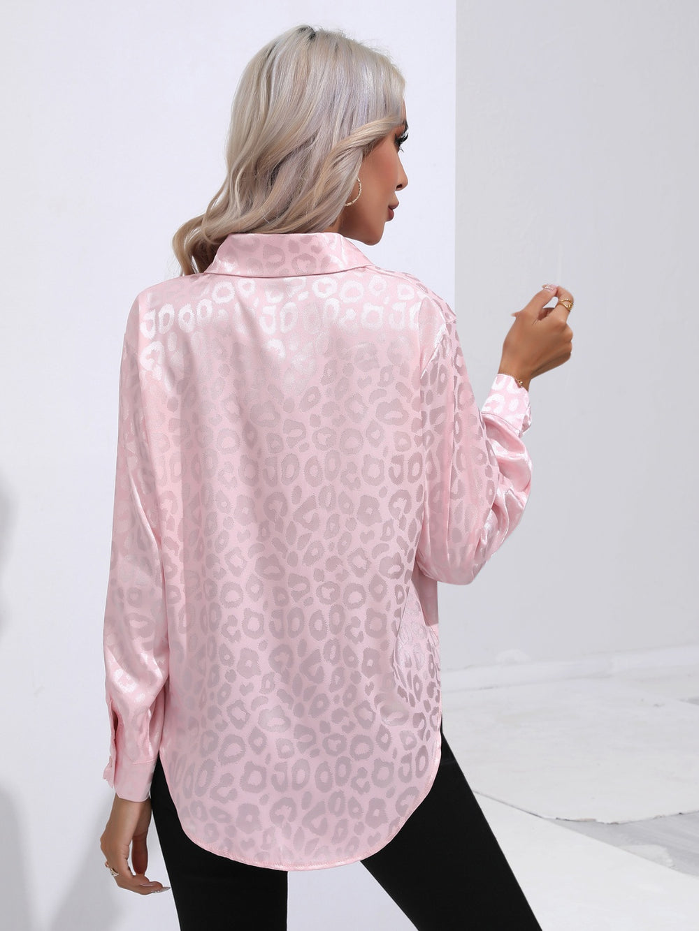 Leopard Collared Neck Long Sleeve Shirt