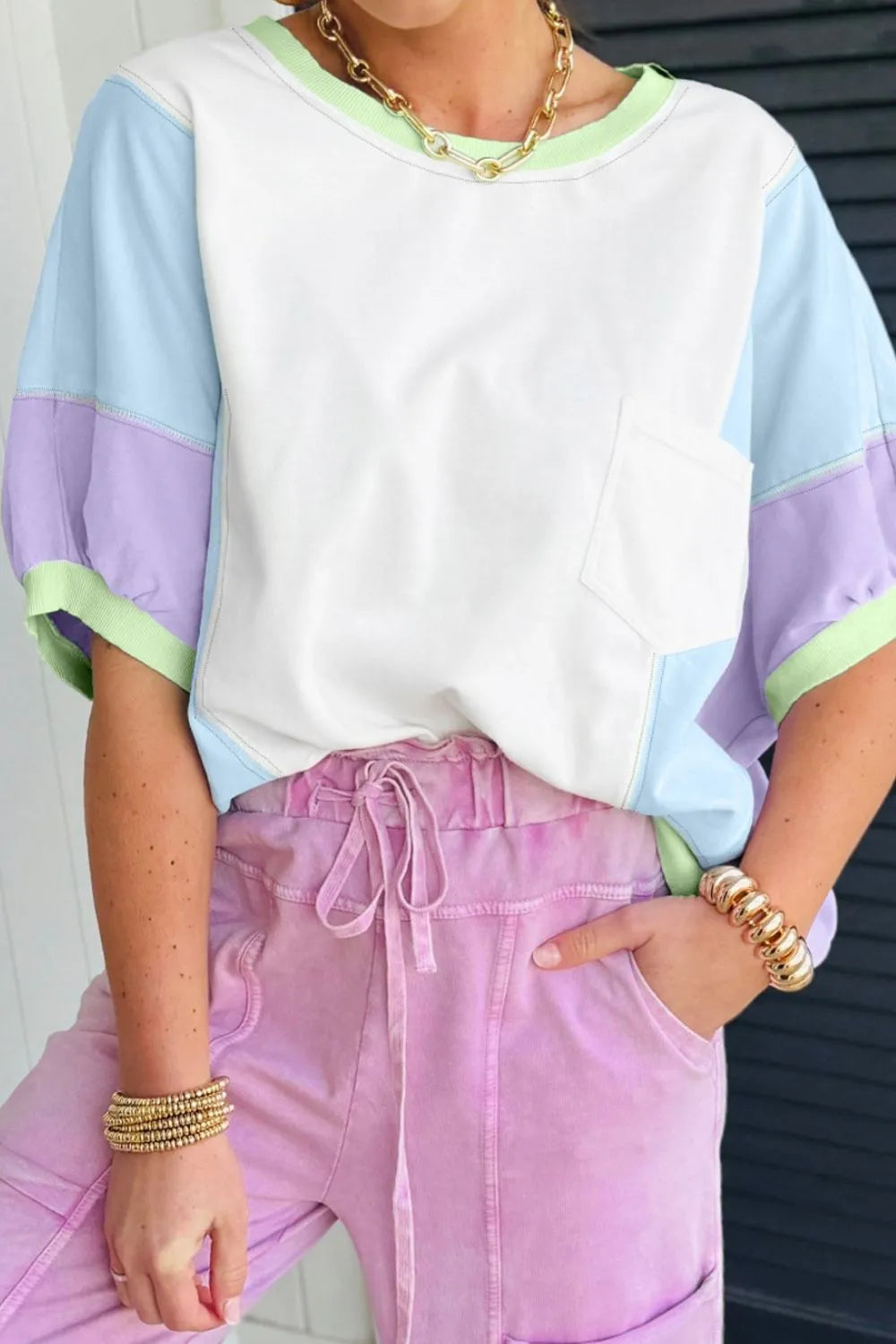Color Block Patchwork Half Sleeve Oversized T Shirt - felvior