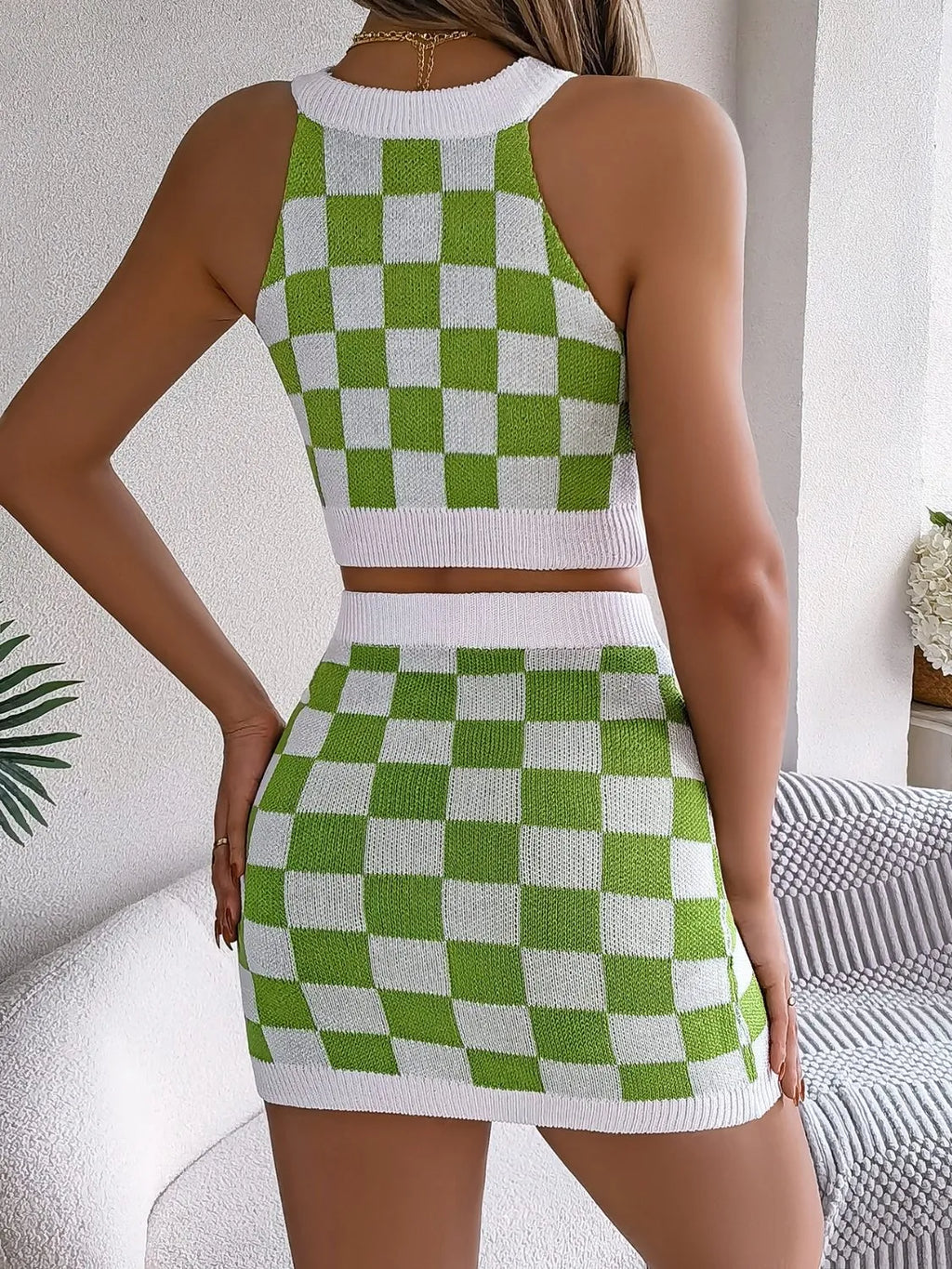 Checkered Grecian Neck Cami and Skirt Sweater Set