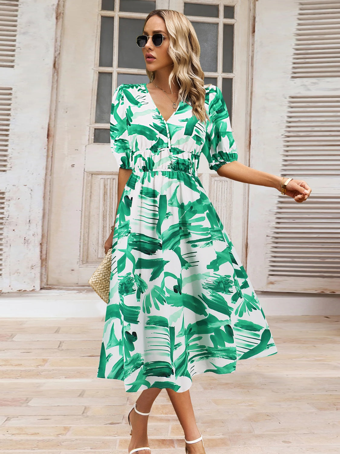Ruched Printed Surplice Short Sleeve Dress - felvior