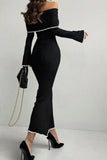 Contrast Trim Off-Shoulder Long Sleeve Maxi Sweater Dress - felvior