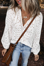 Eyelet V-Neck Long Sleeve Blouse