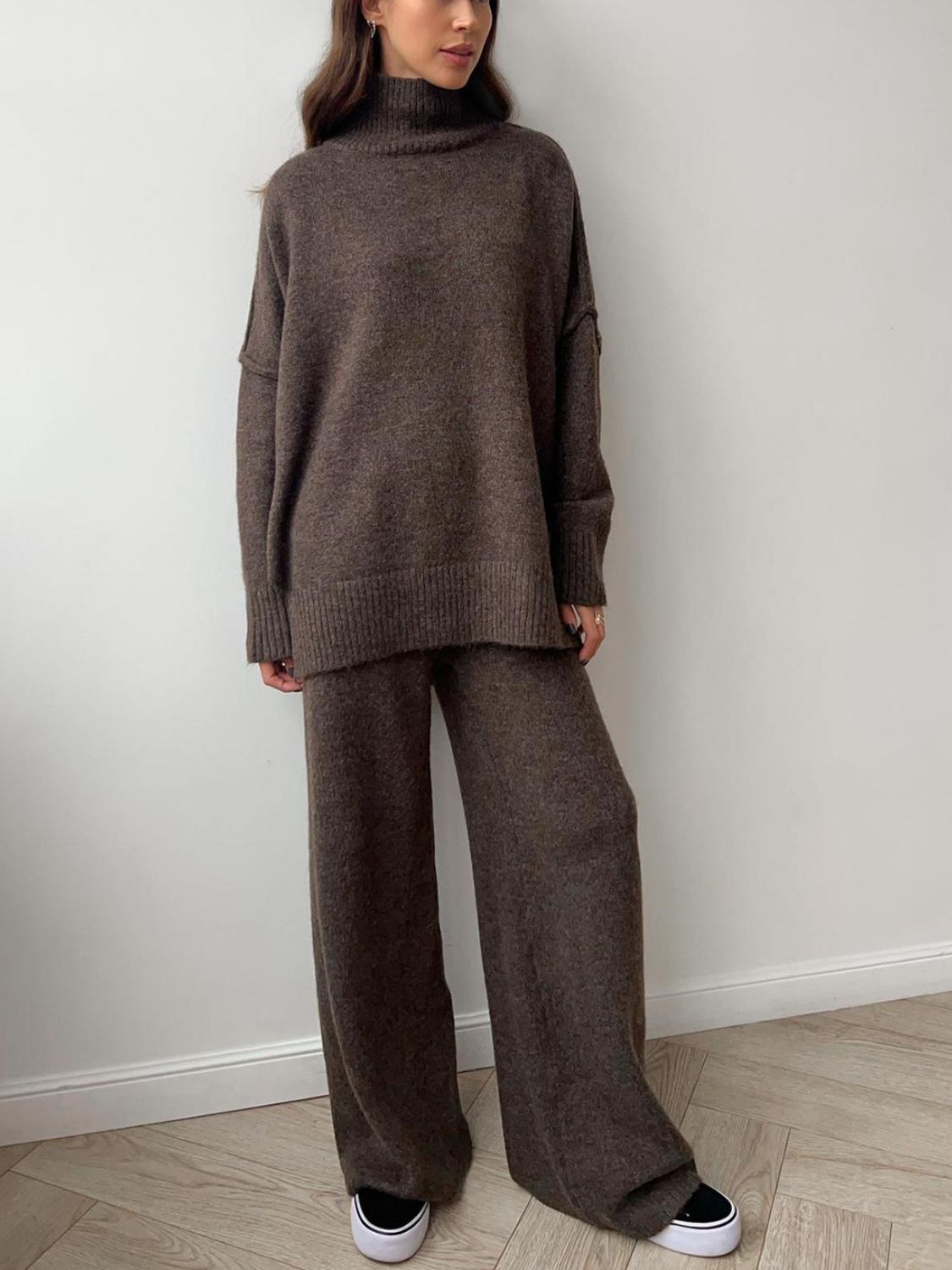 Slit Turtleneck Long Sleeve Top and Pants Sweater Set - felvior