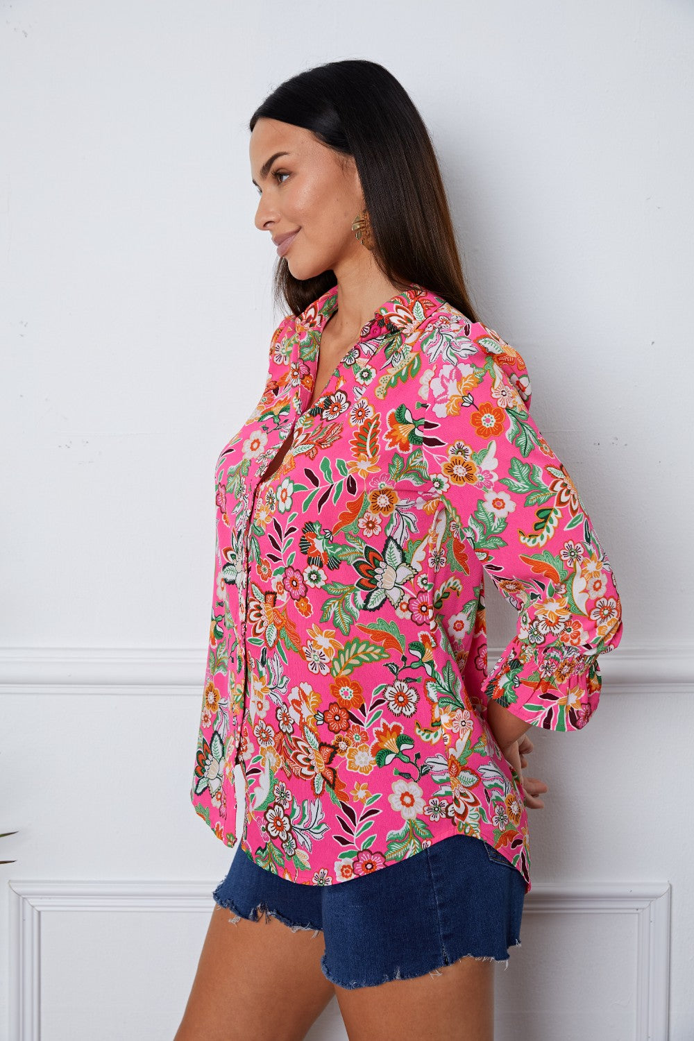 Floral Button Up Flounce Sleeve Shirt - felvior