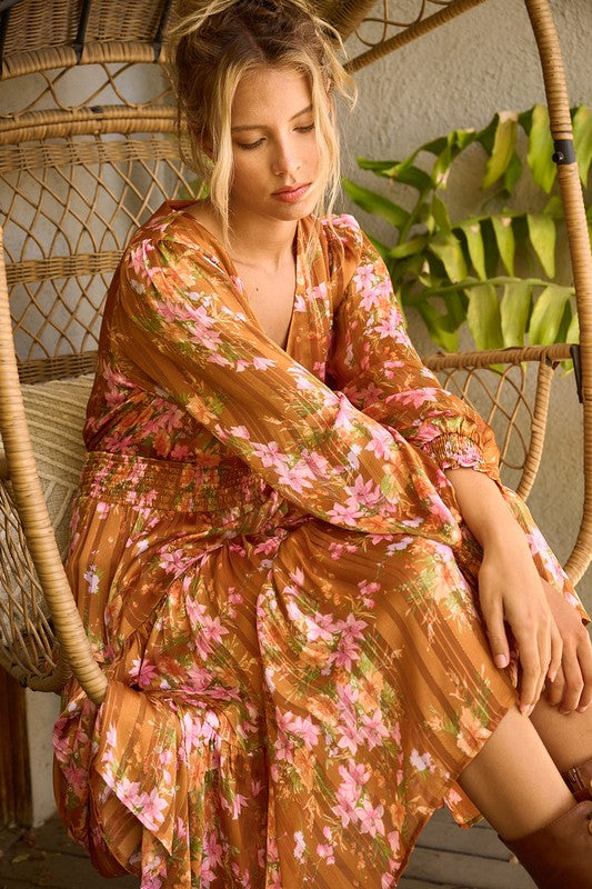 Mittoshop Flower Print Satin Lurex Stripe Smocked Midi Dress Zweitbild