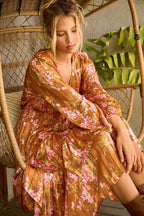 Mittoshop Flower Print Satin Lurex Stripe Smocked Midi Dress