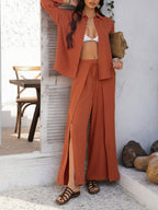 Devine Button Down Long Sleeve Top and Wide Leg Pants Set