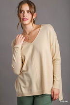 Umgee V-Neck High Low Hem Knit Top with Side Slit
