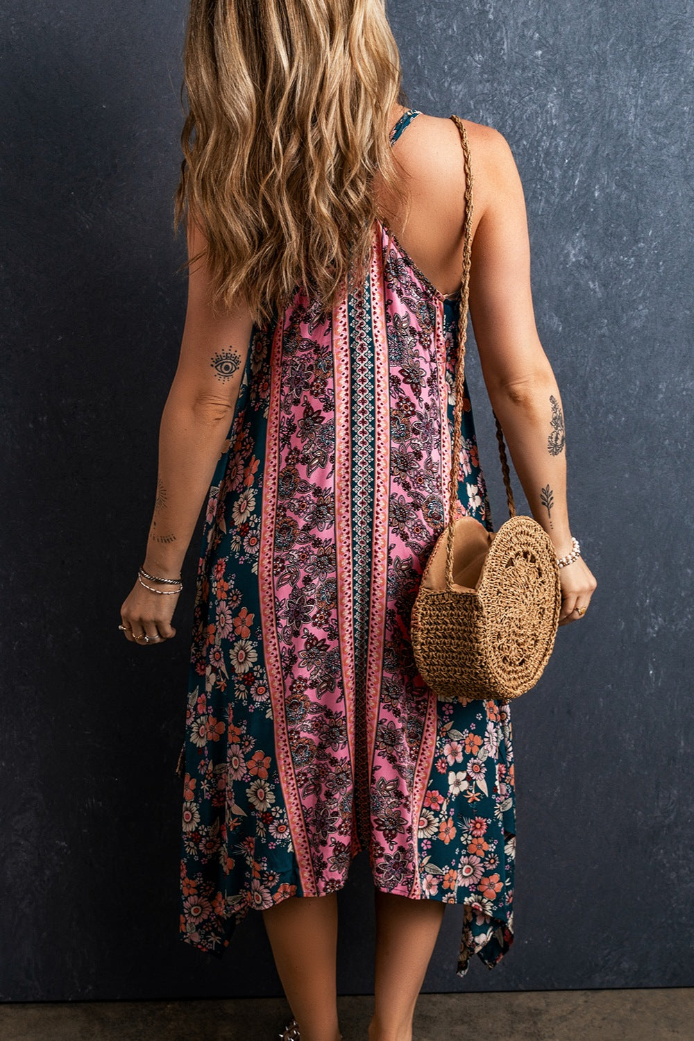 Printed V-Neck Midi Cami Dress - felvior