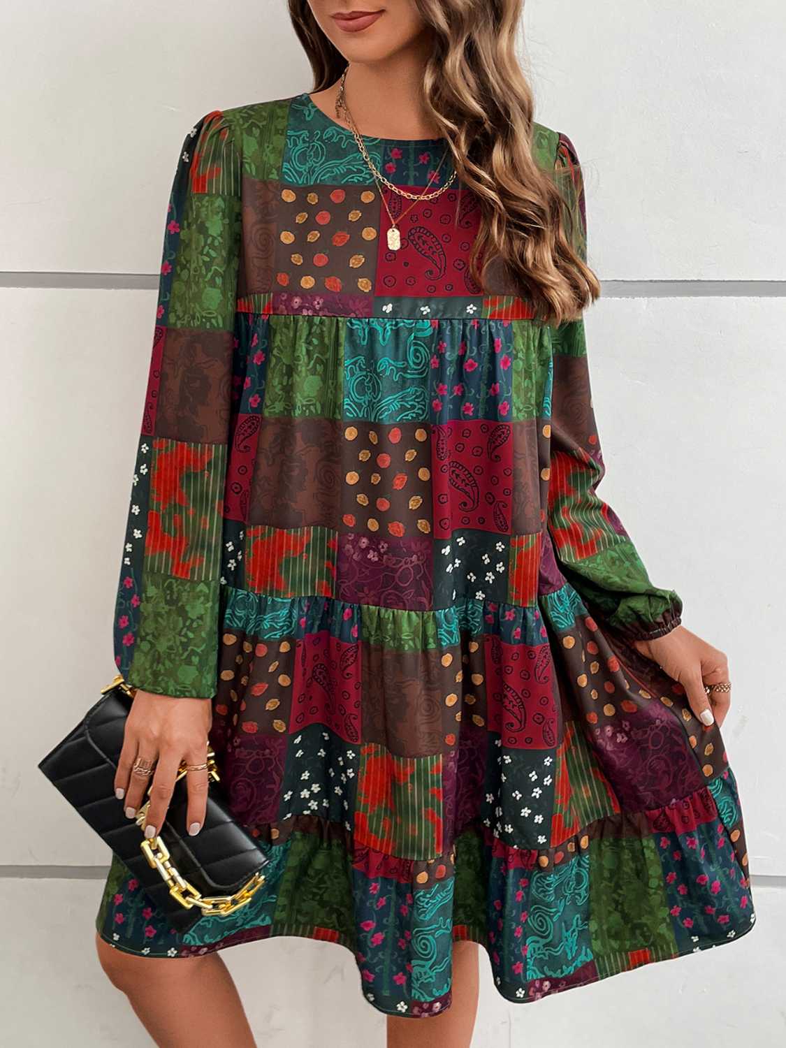Patchwork Round Neck Long Sleeve Dress - felvior