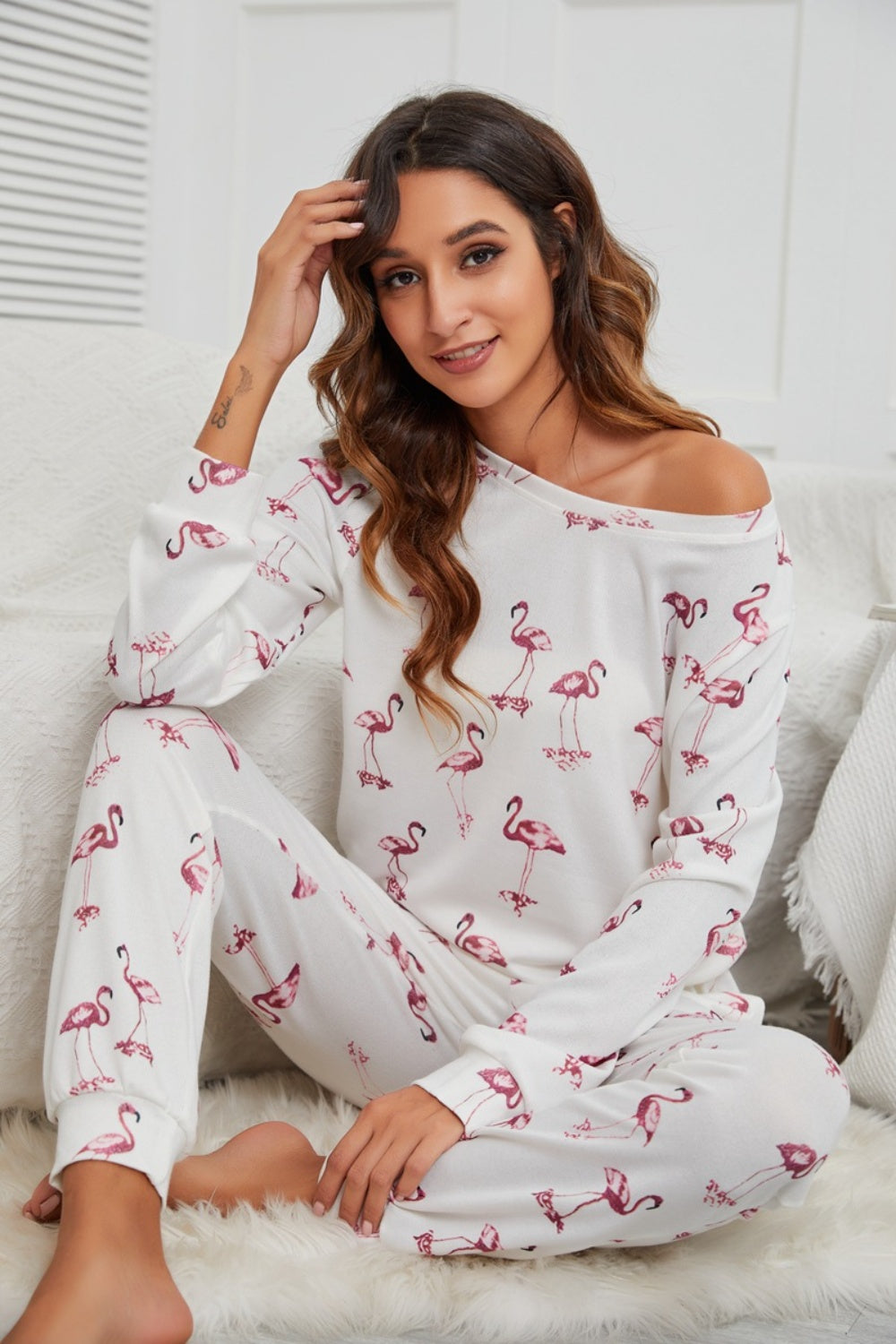Flamingo Long Sleeve Top and Pants Lounge Set - felvior