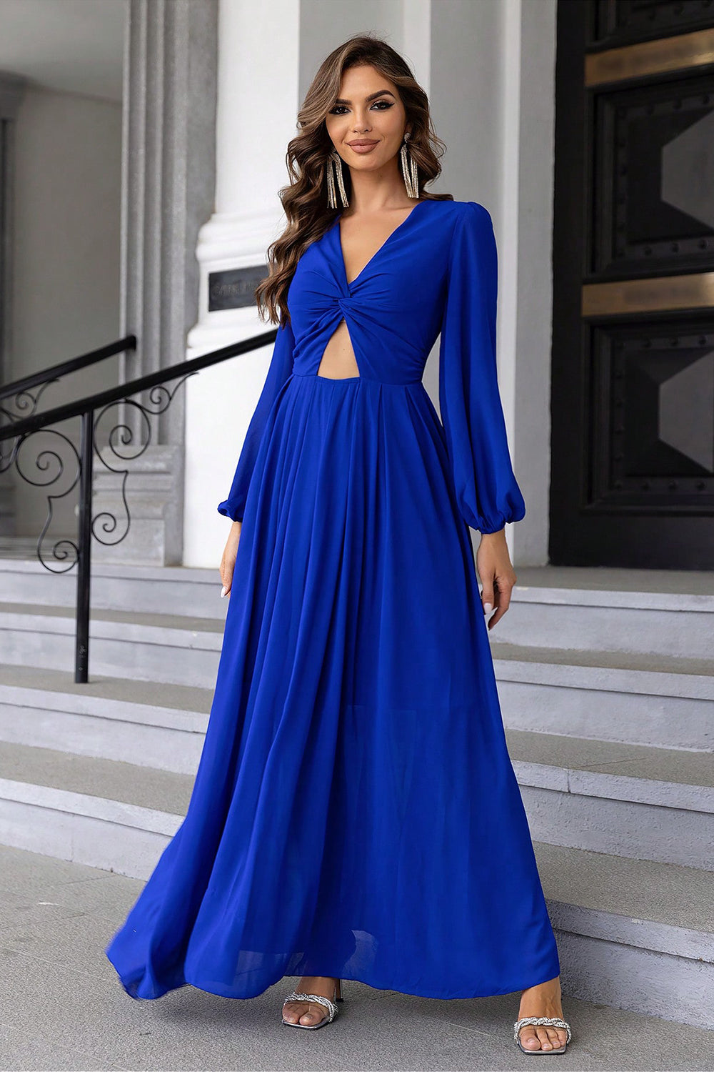 Twist Front Cutout Long Sleeve Dress - felvior