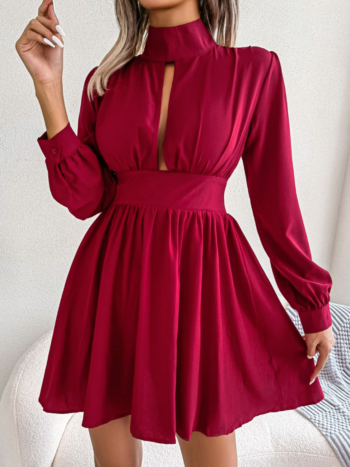 Cutout Turtleneck A-Line Mini Dress - felvior