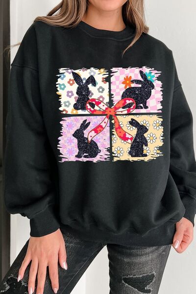 Floral Bunny Plaid Bow Graphic Easter Sweatshirt - felvior