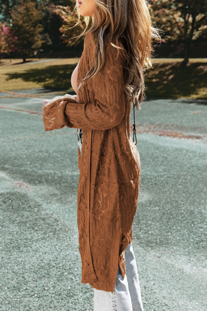 Openwork Open Front Long Sleeve Cardigan - felvior