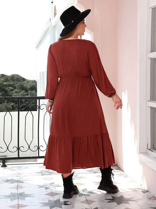 Plus Size Quarter Button V-Neck Long Sleeve Dress - felvior