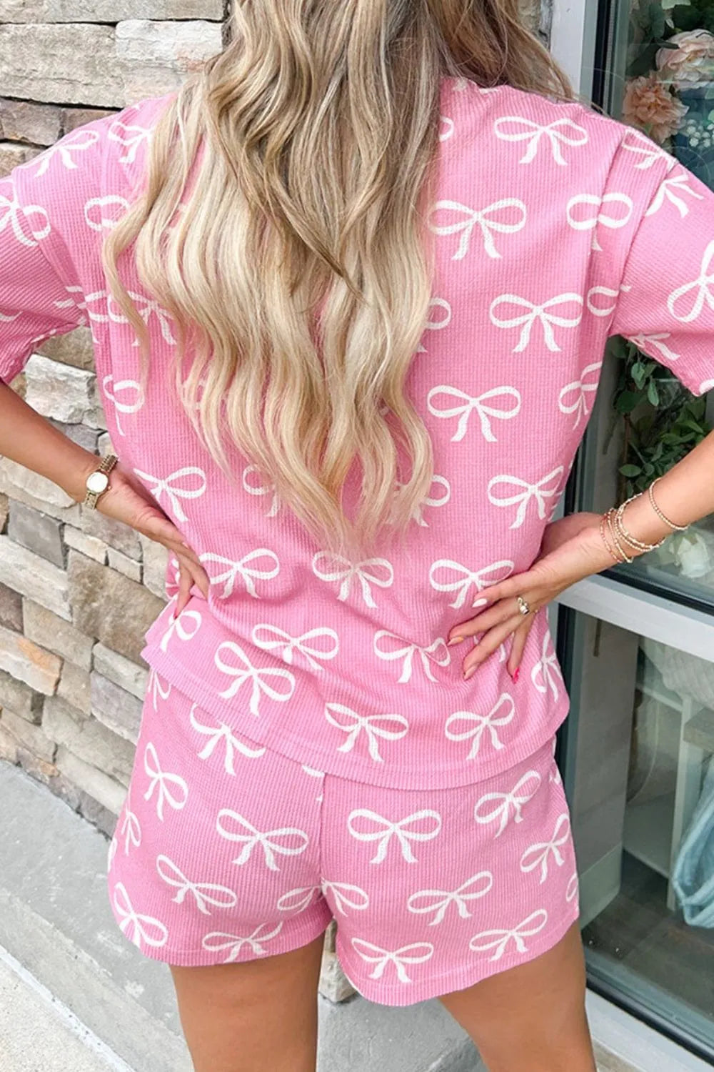 Bowknot Printed Notched T-Shirt and Shorts Set