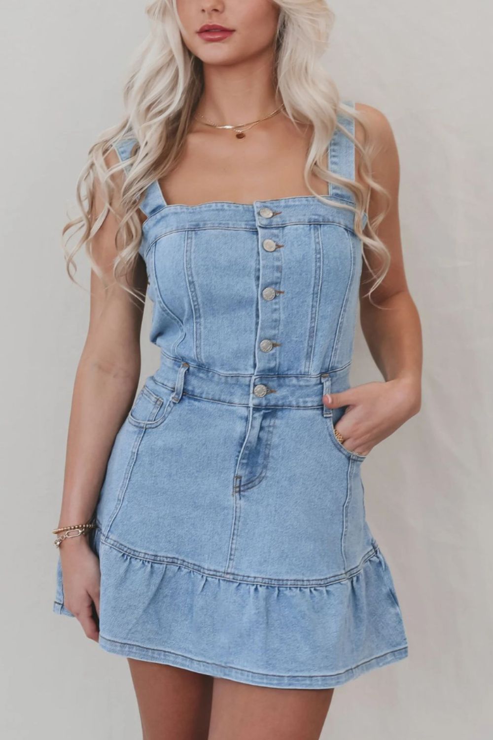 Ruffled Hem Button Front Square Neck Denim Dress - felvior