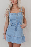 Ruffled Hem Button Front Square Neck Denim Dress - felvior