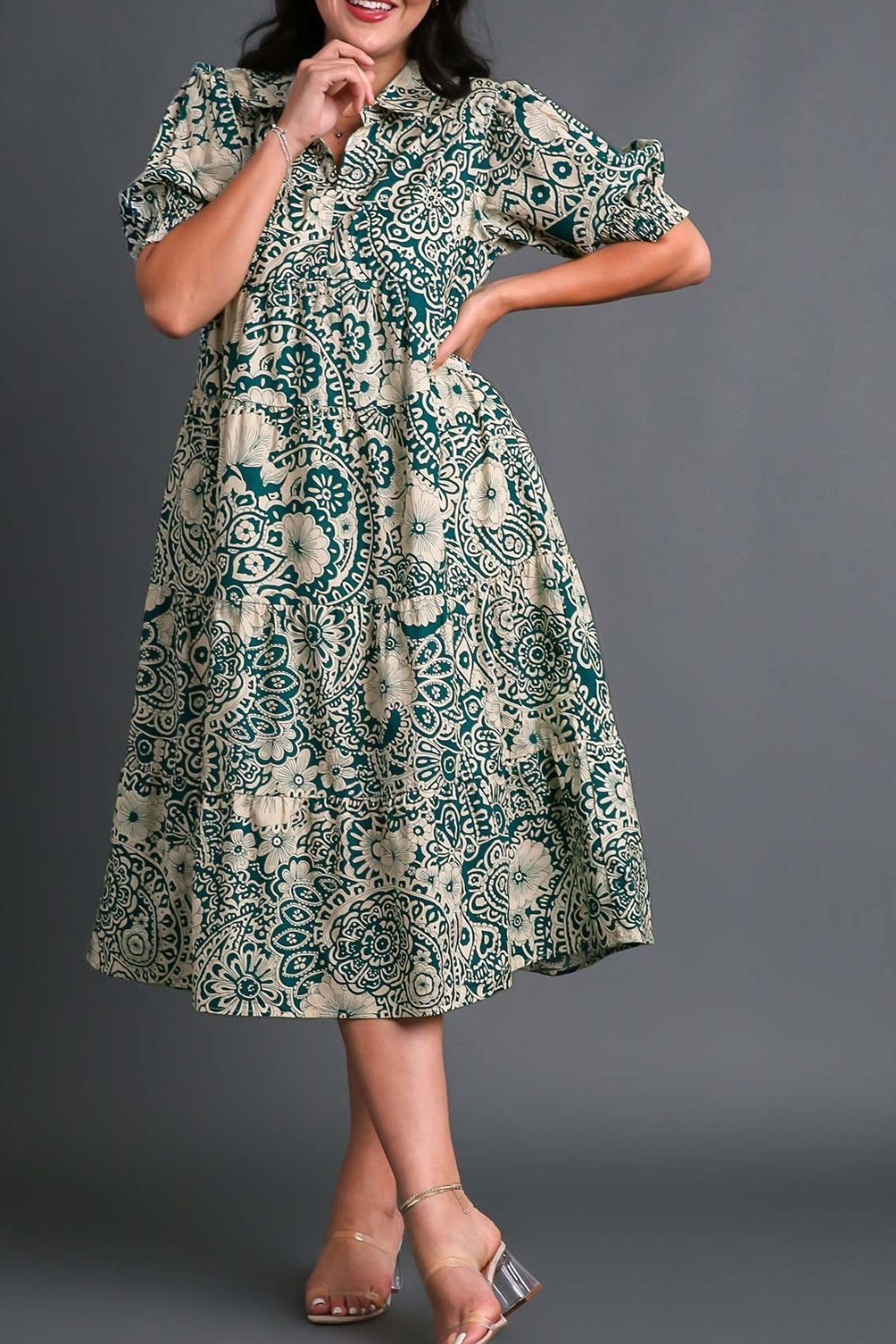 Umgee Full Size Printed Smocked Cuff Puff Sleeve Midi Dress Plus Size - felvior