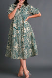 Umgee Full Size Printed Smocked Cuff Puff Sleeve Midi Dress Plus Size - felvior